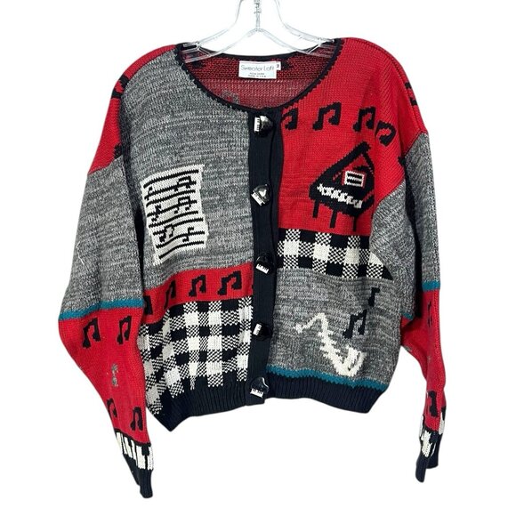 Vintage Sweater Loft Abstract Piano Music Knit Cardigan 80s 90s Art Sweater Med - Picture 2 of 9